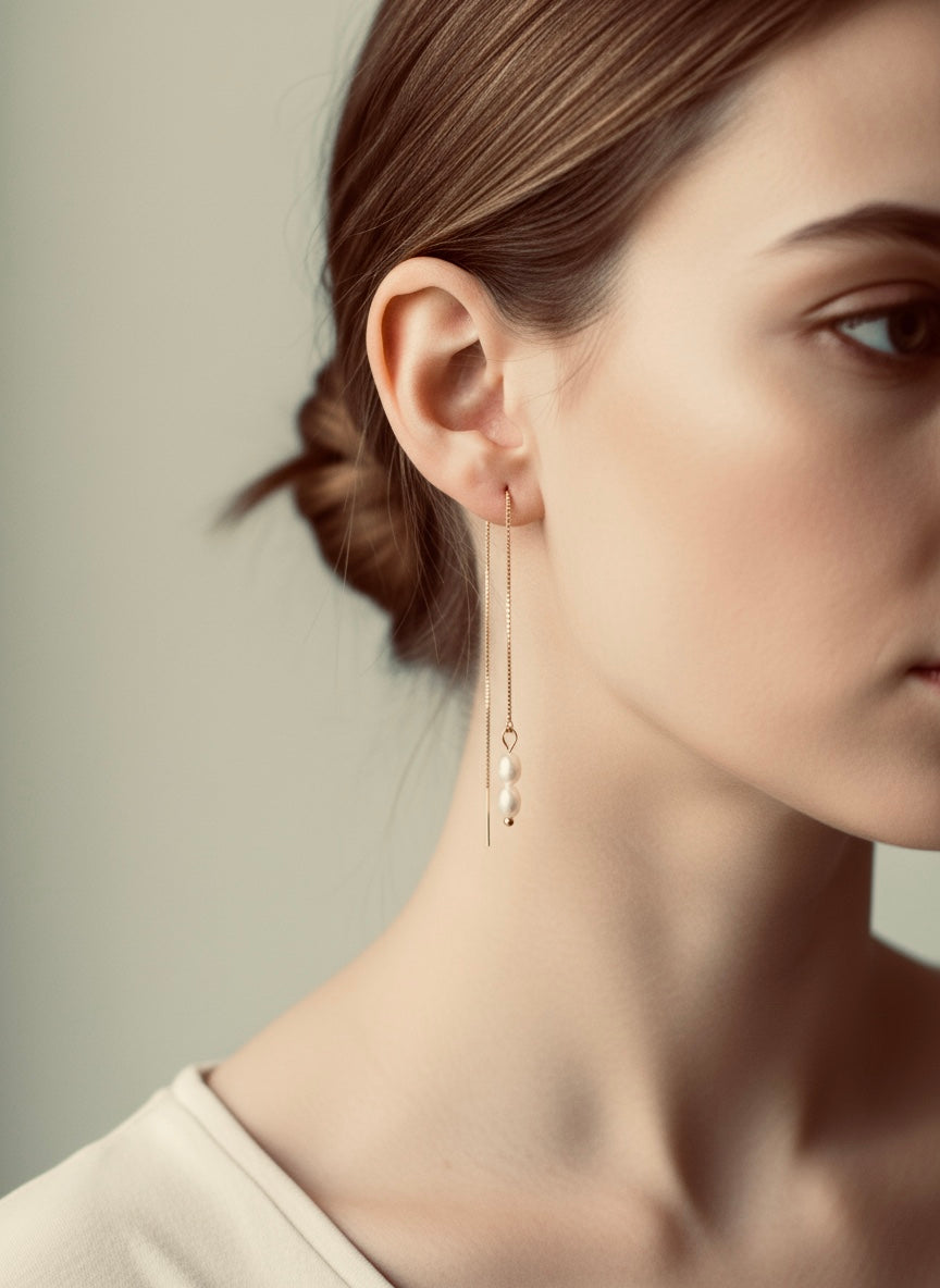 Double Pearl Gold Threader Earrings